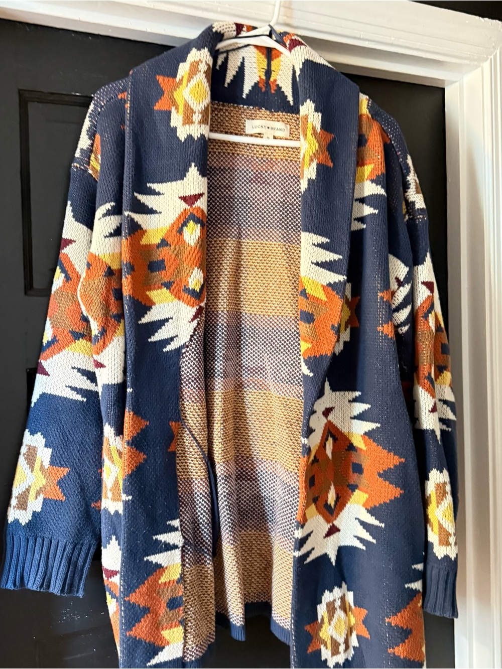Lucky Brand Navy Aztec Open-Front Cardigan with navy,Orange and Cream Accents